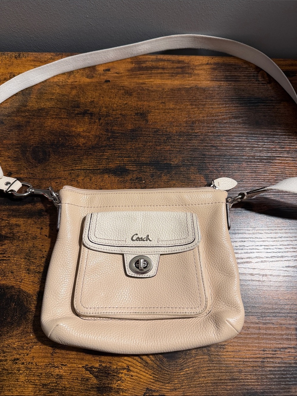 Coach Two-Tone Pebbled Leather Crossbody in Beige and Cream